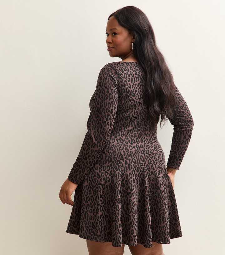 Curve Brown Long Sleeve Animal Print Skater Mini Dress | New Look