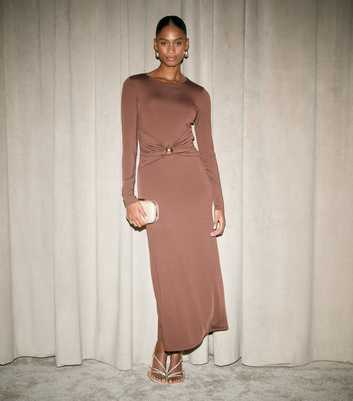 Dark Brown Gather Waist Long Sleeve Midi Dress