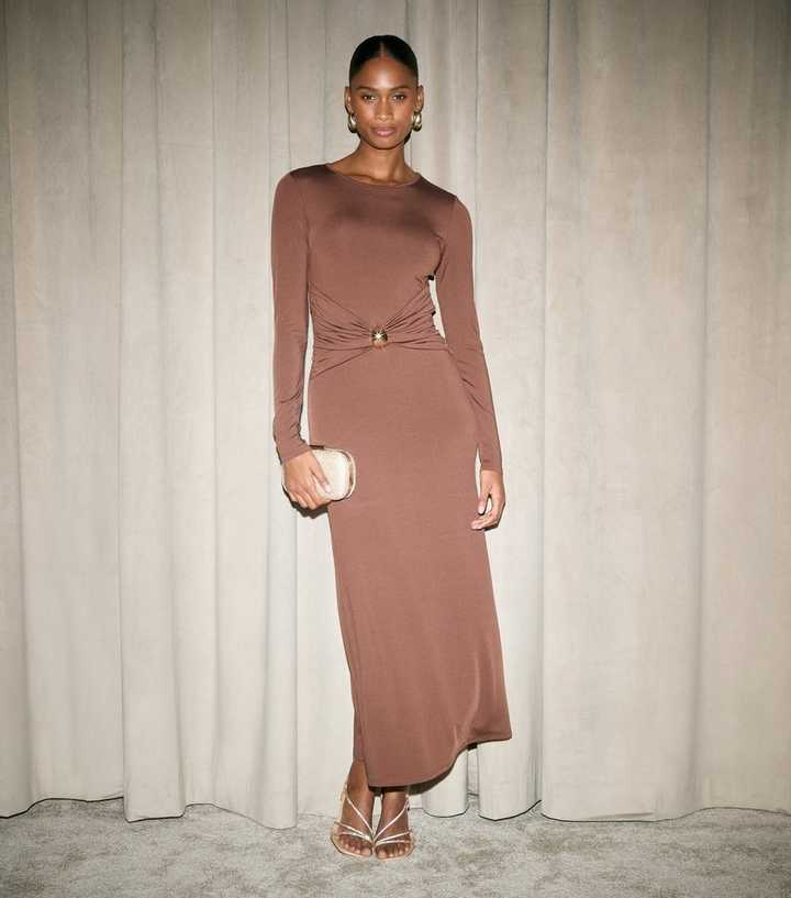 Dark Brown Gather Waist Long Sleeve Midi Dress