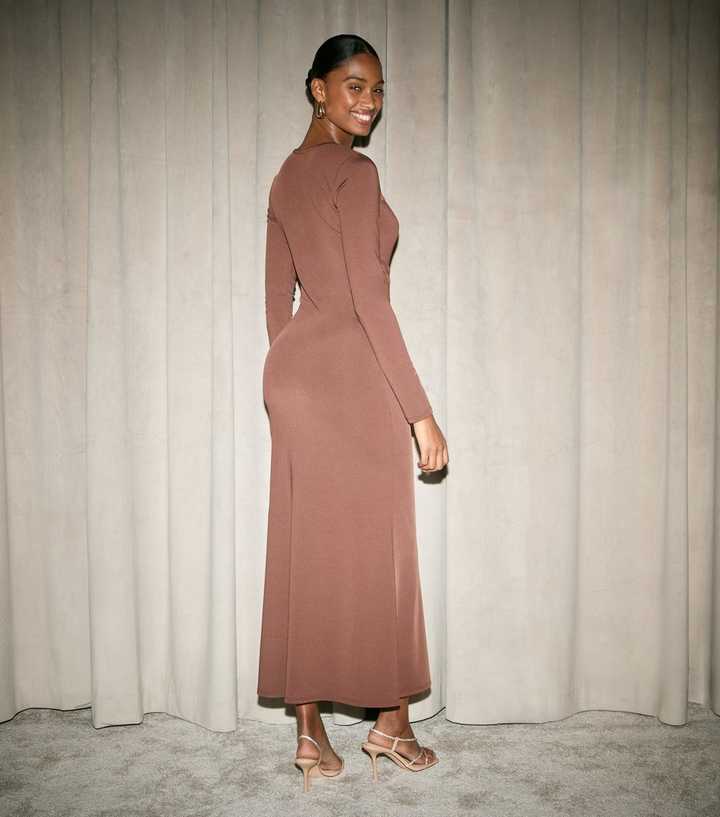dark brown midi dress Serenity Square Neck Corset - Chocolate twist sleeve detail Brown Midi Dresses Oh