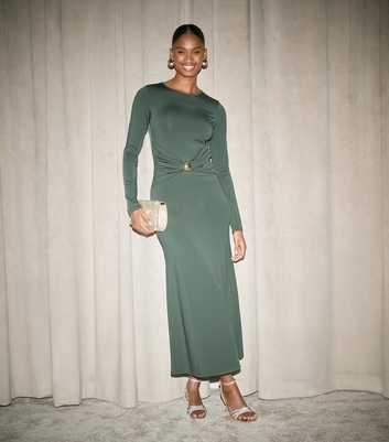 Dark Green Gather Waist Long Sleeve Midi Dress