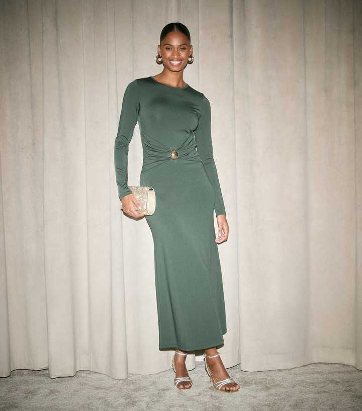 Dark Green Gather Waist Long Sleeve Midi Dress