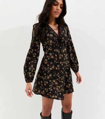 Black Floral Print Lace Trim Mini Dress