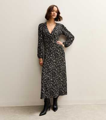Black Floral Wrap Midi Dress