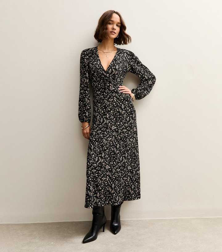 Black Floral Wrap Midi Dress