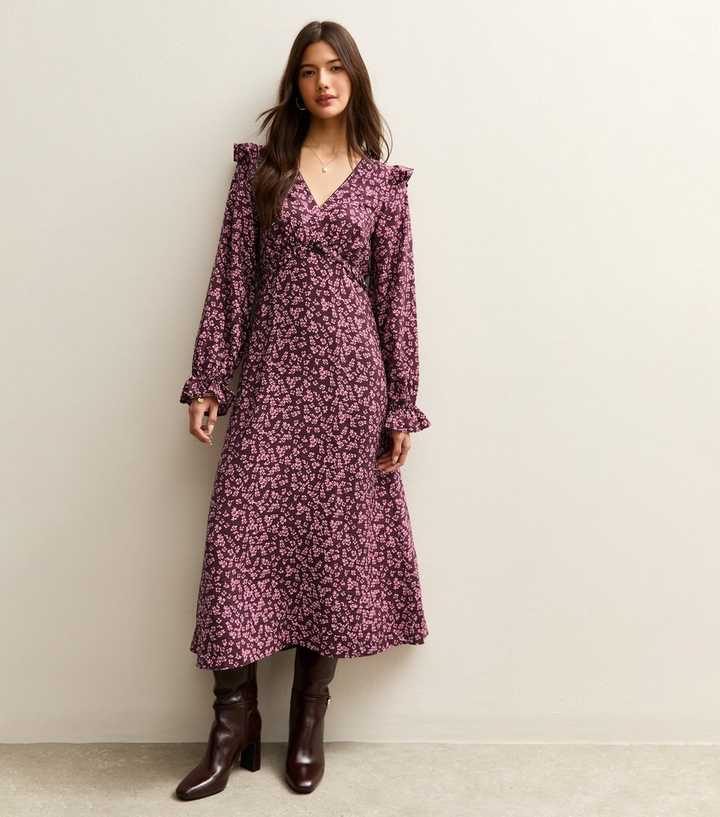 Dark Red Floral Frill Trim Mid Dress