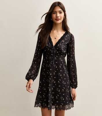 Black Floral Mesh Long Sleeve Mini Dress