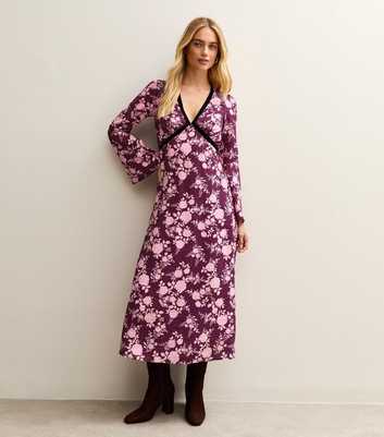 Pink Floral Velvet Devore V-Neck Midi Dress