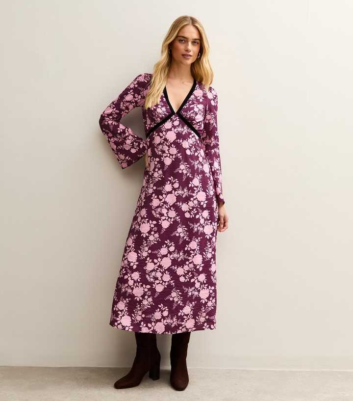 Pink Floral Velvet Devore V-Neck Midi Dress