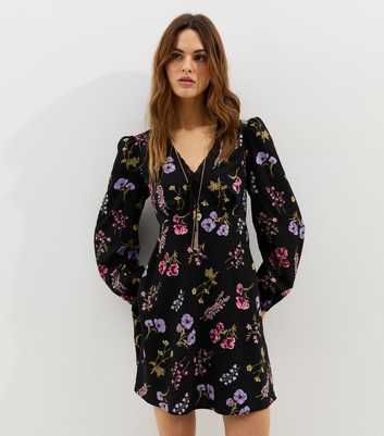 Black Floral Lace Trim Puff Sleeve Mini Dress