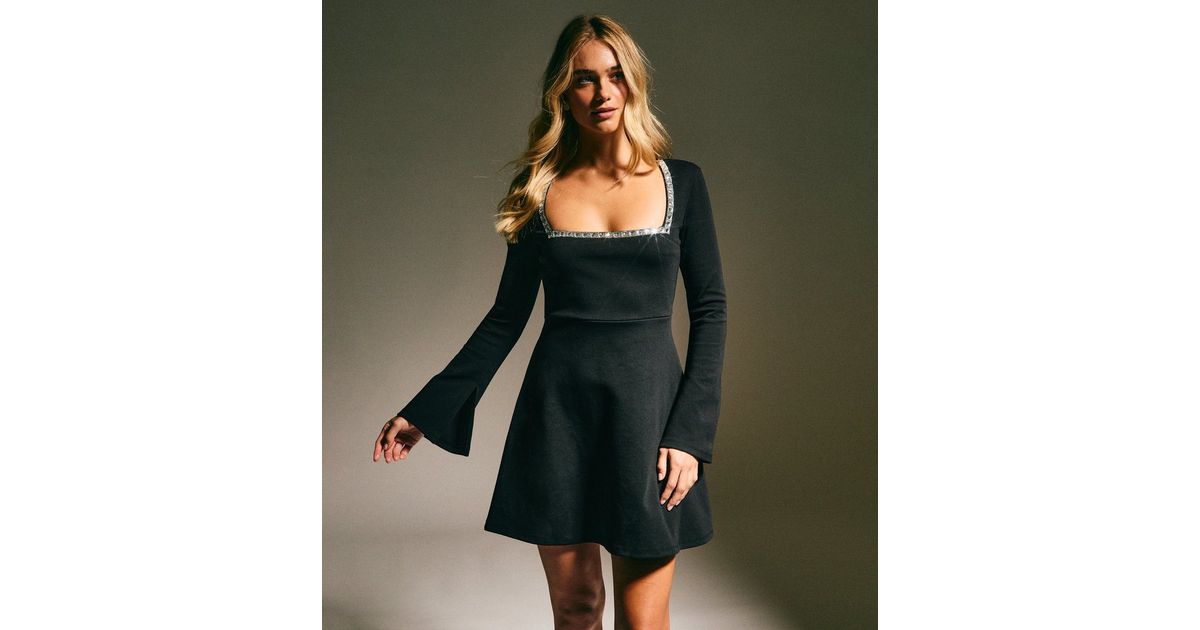 Black Diamante Trim Square Neck Mini Dress | New Look