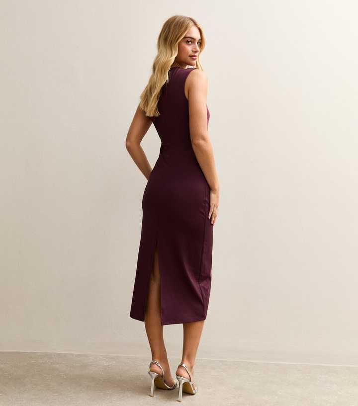 Dark Burgundy Side Cutout Diamante Chain Midi Dress | New Look
