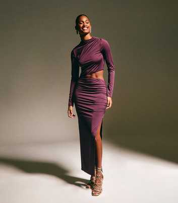 Dark Burgundy Draped Cut Out Midi Dress