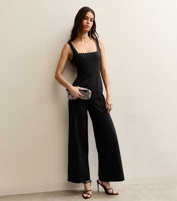Black Faux-Pearl Trim Square Neck Jumpsuit