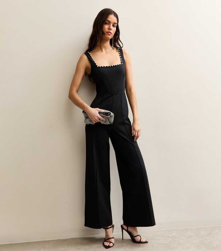 Black Faux-Pearl Trim Square Neck Jumpsuit