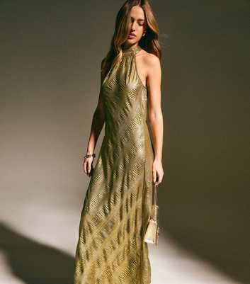 Gold Textured Halter Neck Midi Dress