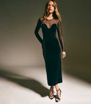 Black Velvet Embellished Trim Mesh Long Sleeve Midi Dress
