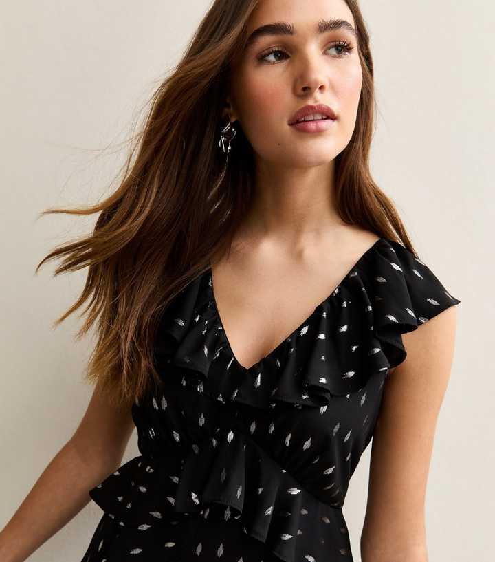 Black Gold Fleck Frill Midi Dress | New Look