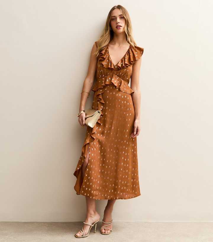 Tan Gold Fleck Frill Midi Dress
