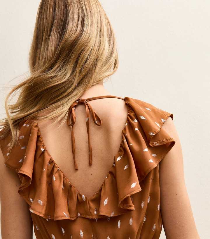 Tan Gold Fleck Frill Midi Dress | New Look