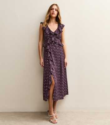 Dark Purple Gold Fleck Frill Midi Dress