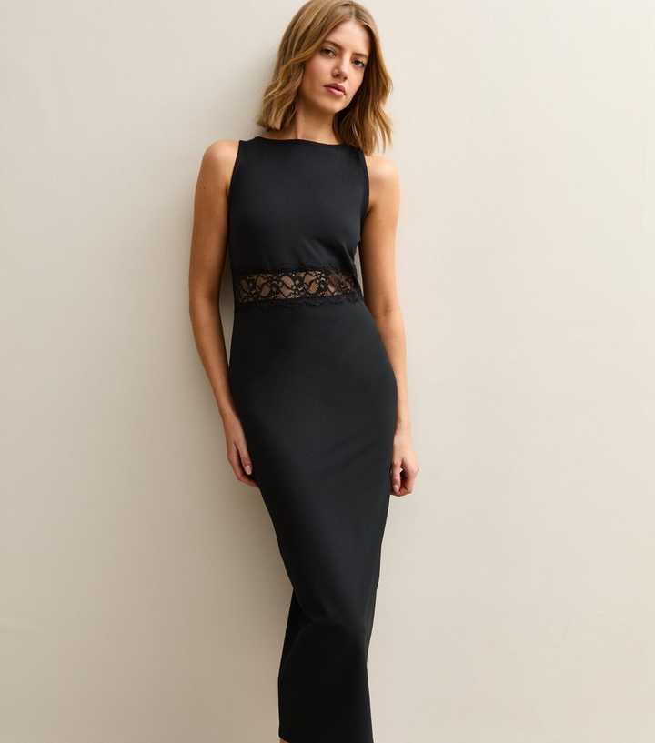 Black Lace Insert Sleeveless Midi Dress