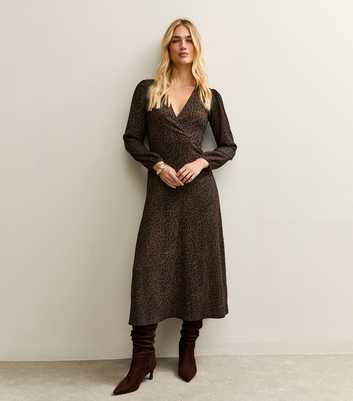 Brown Leopard Print Wrap Midi Dress