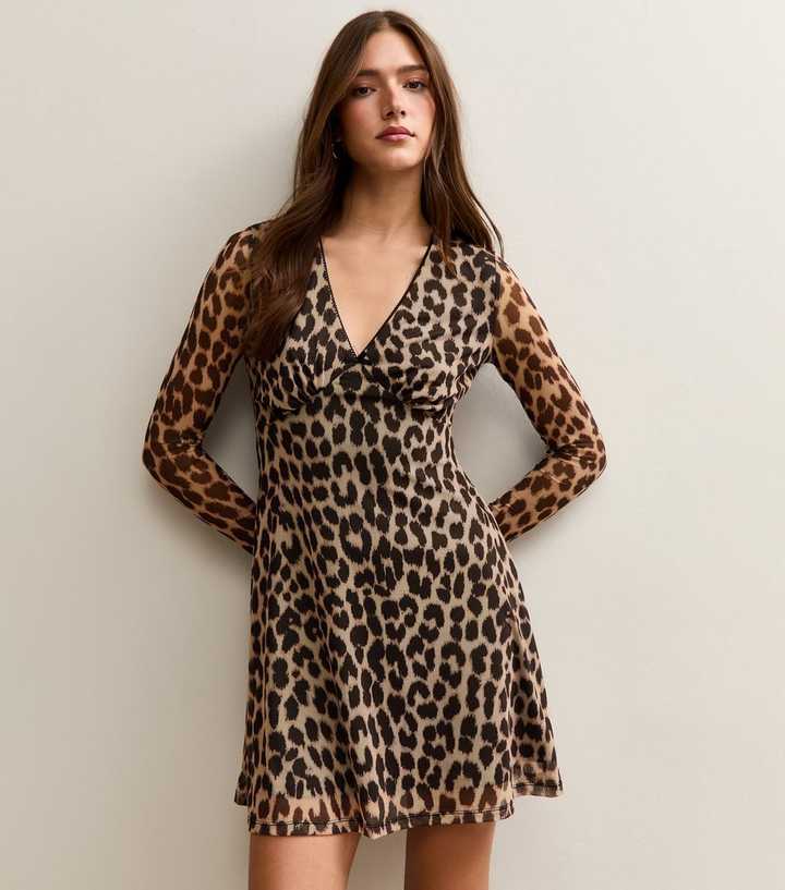 Brown Mesh Animal Print Mini Dress