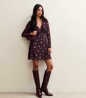 Dark Burgundy Floral Mesh Mini Dress