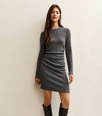 Dark Grey Textured Long Sleeve Mini Dress