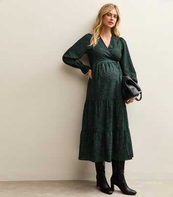 Maternity Dark Green Animal Print Crepe Wrap Midi Dress