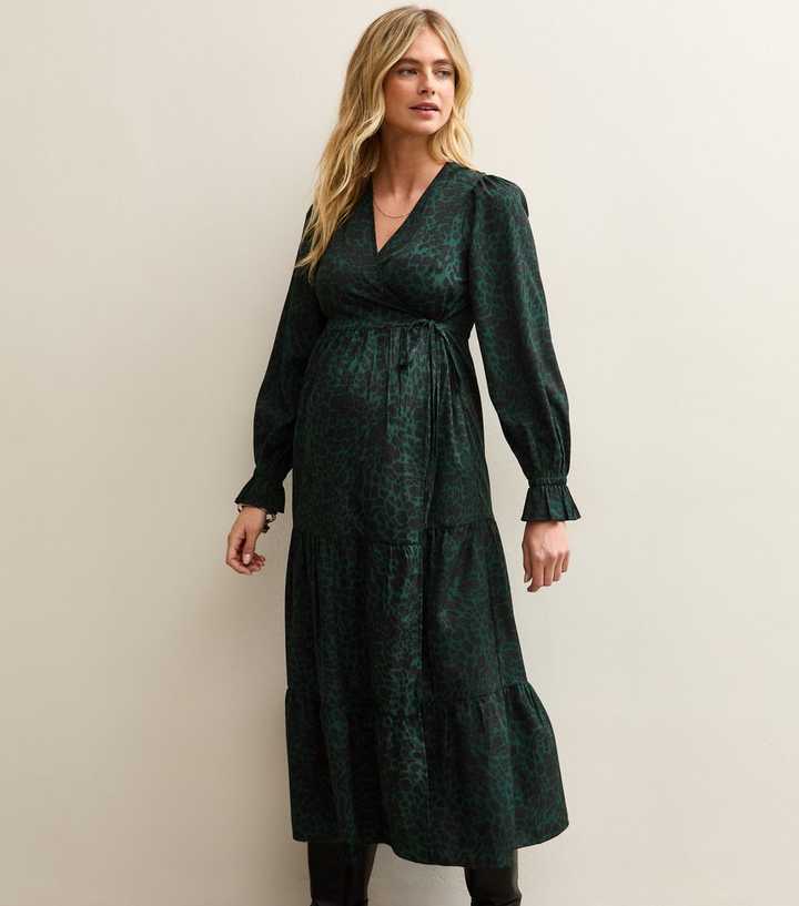 Maternity Dark Green Animal Print Crepe Wrap Midi Dress | New Look