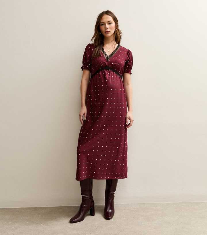 Maternity Red Polka Dot Lace Trim Midi Dress