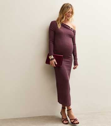 Maternity Dark Burgundy Off Shoulder Midi Dress