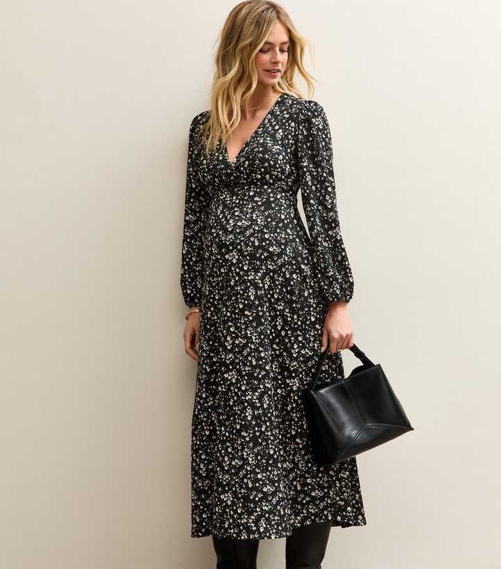 Maternity Black Ditsy Floral Midi Dress