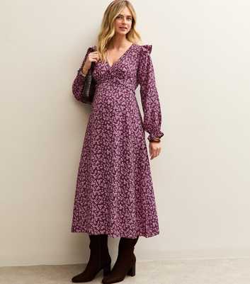 Maternity Purple Ditsy Frill Shoulder Midi Dress