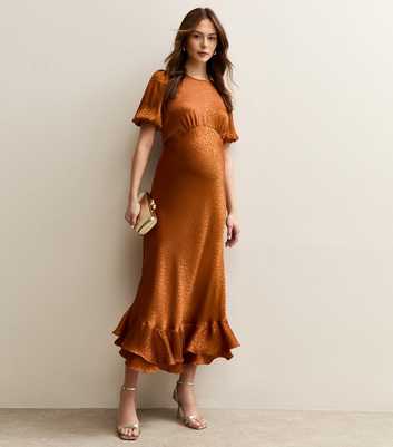 Maternity Orange Feather Jacquard Satin Midi Dress