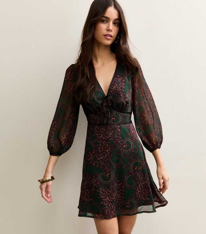 Green Paisley Chiffon Mini Dress