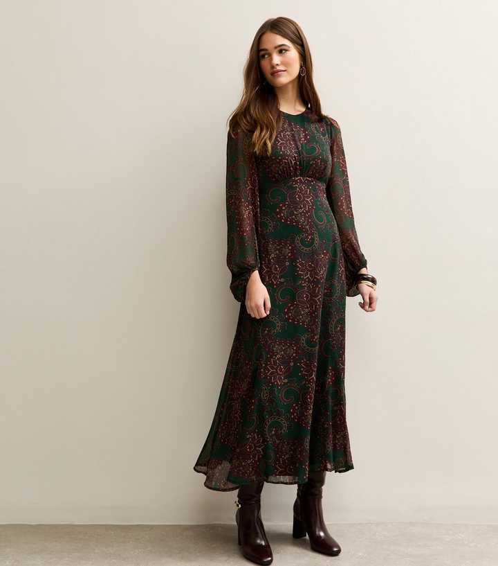 knee length dresses for ladies Emerald Green Jacquard Midi Dress with Puffed Sleeves NOLA main image 0