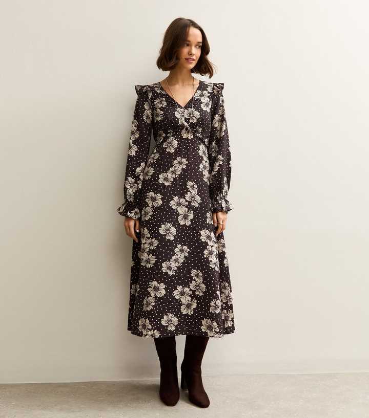 Black Floral Frill Shoulder Midi Dress