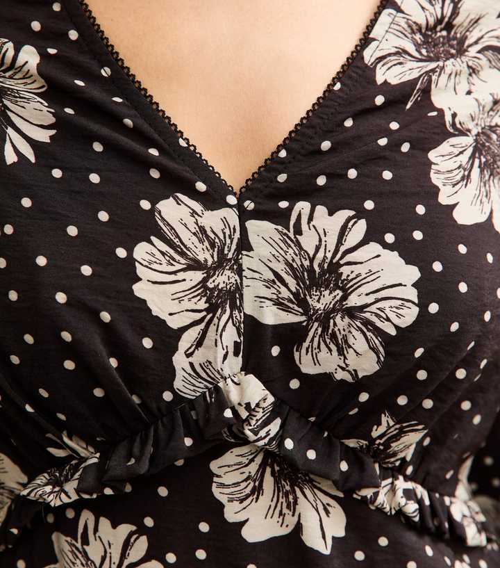 Black Floral Frill Shoulder Midi Dress | New Look
