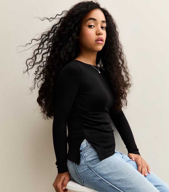 Girls Black Slash Neck Asymmetric Top