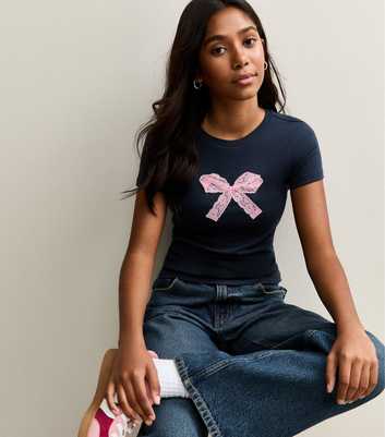 Girls Navy Cotton Bow Applique T-Shirt