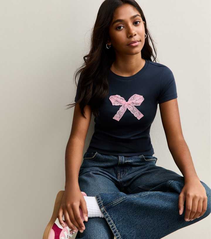 Girls Navy Cotton Bow Applique T-Shirt