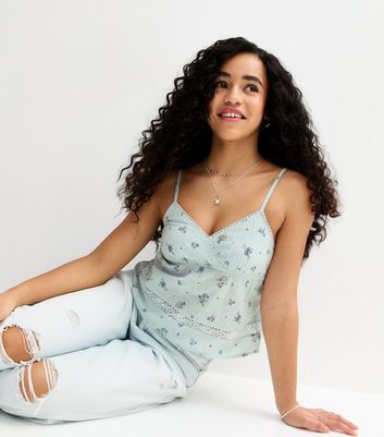 Girls Blue Cotton Floral Babydoll Cami Top