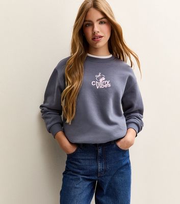 Girls Mid Blue Cherry Vibes Logo Sweatshirt | New Look