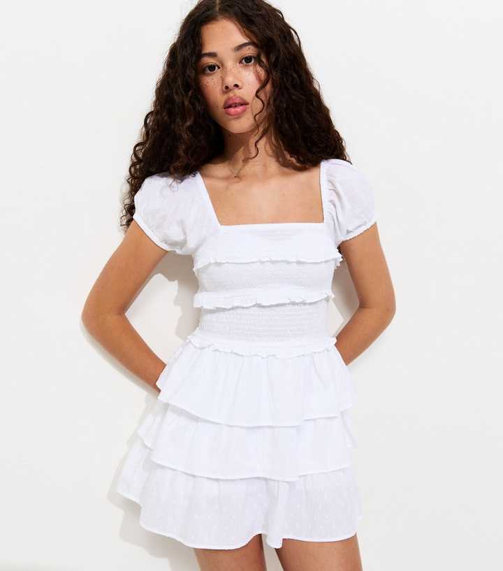 Girls White Puff Sleeve Rara Mini Dress