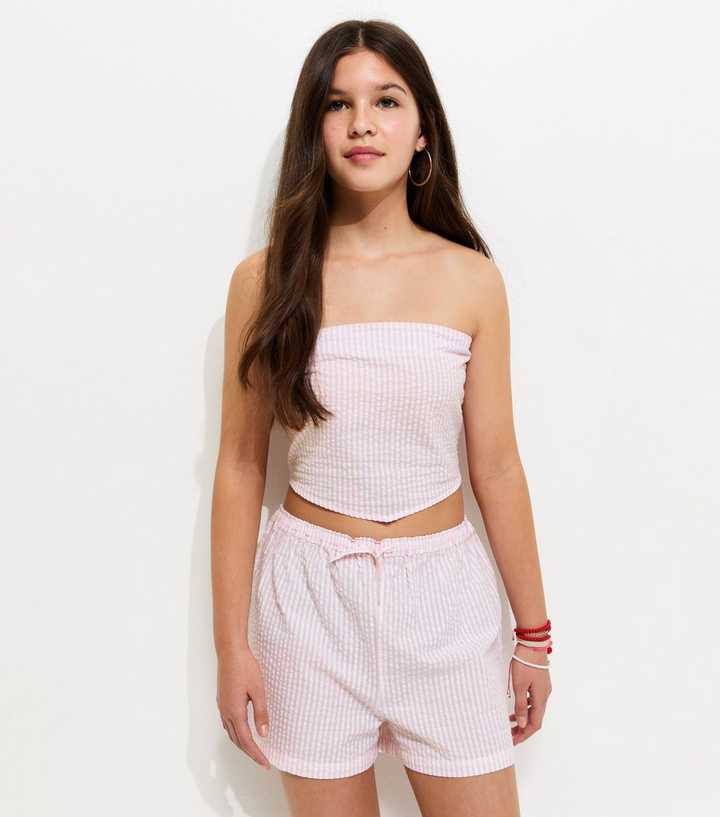 Girls Light Pink Striped Seersucker Shorts