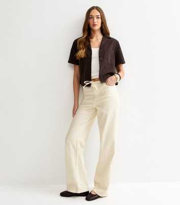 Tall Off White Denim Self Tie Drawcord Waist Wide Leg Jeans