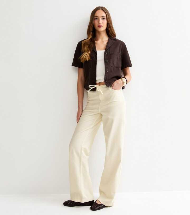 Tall Off White Denim Self Tie Drawcord Waist Wide Leg Jeans